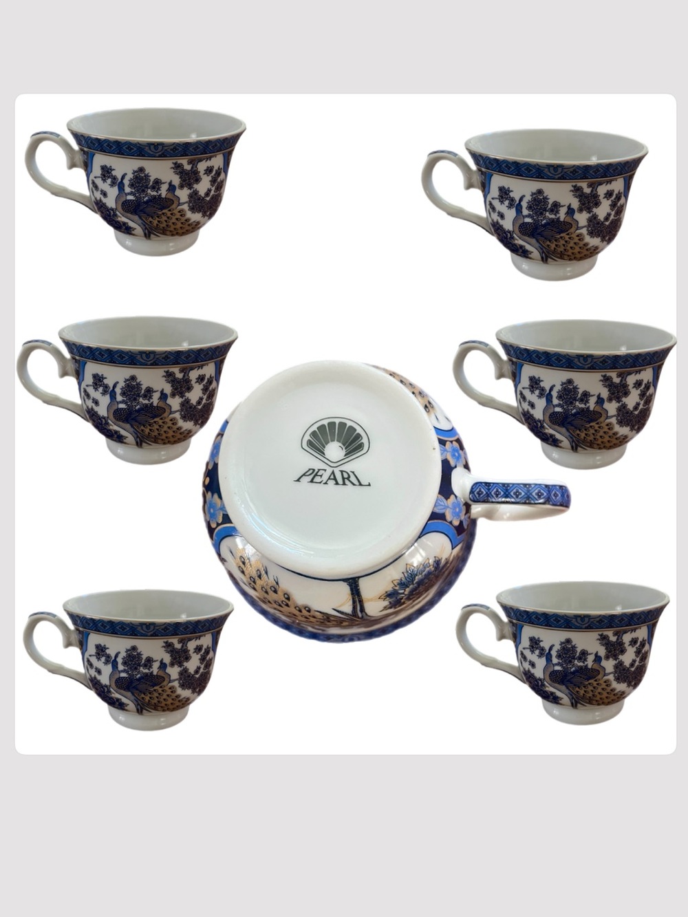 Vintage PEARL Chinoiserie Peacock Teacup & Saucer Set of 6 w/ Padded Heart Box - Picture 5 of 8